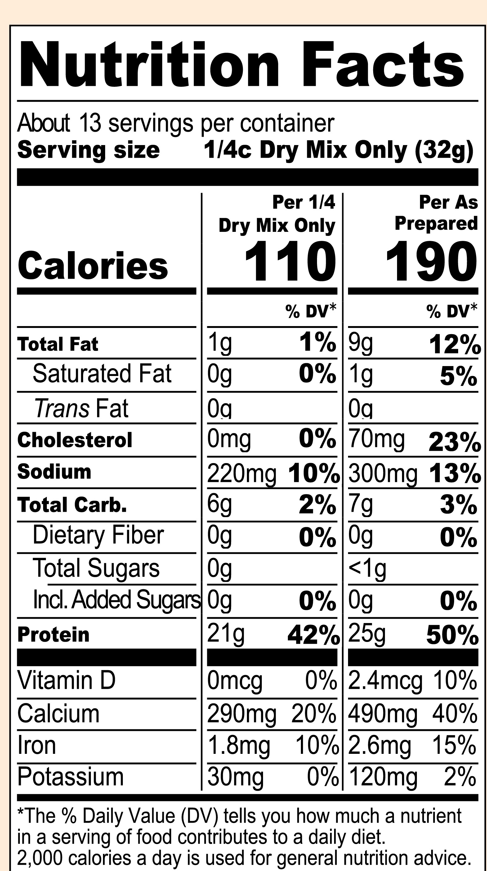 Nutrition Facts: about 13 servings per container, 1/4 cup dry mix (32g) per serving, 110 calories dry / 190 as prepared, 21g protein dry / 25g as prepared