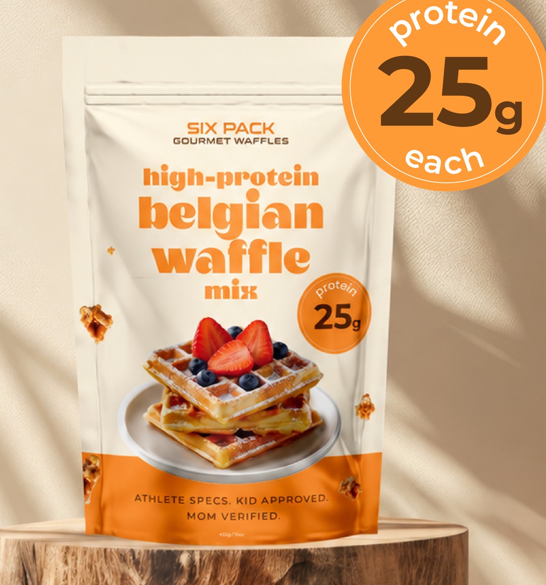 Six Pack high-protein Belgian waffle mix pouch, 25g protein each