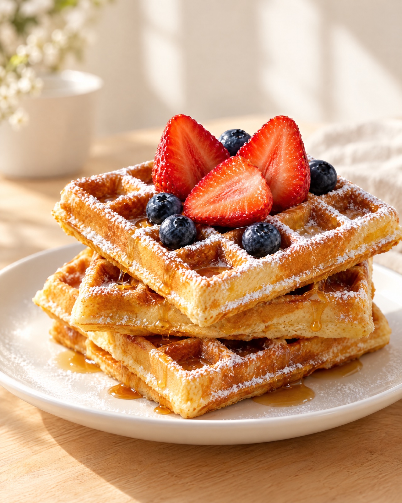 Six Pack waffles topped with strawberries, blueberries and maple syrup