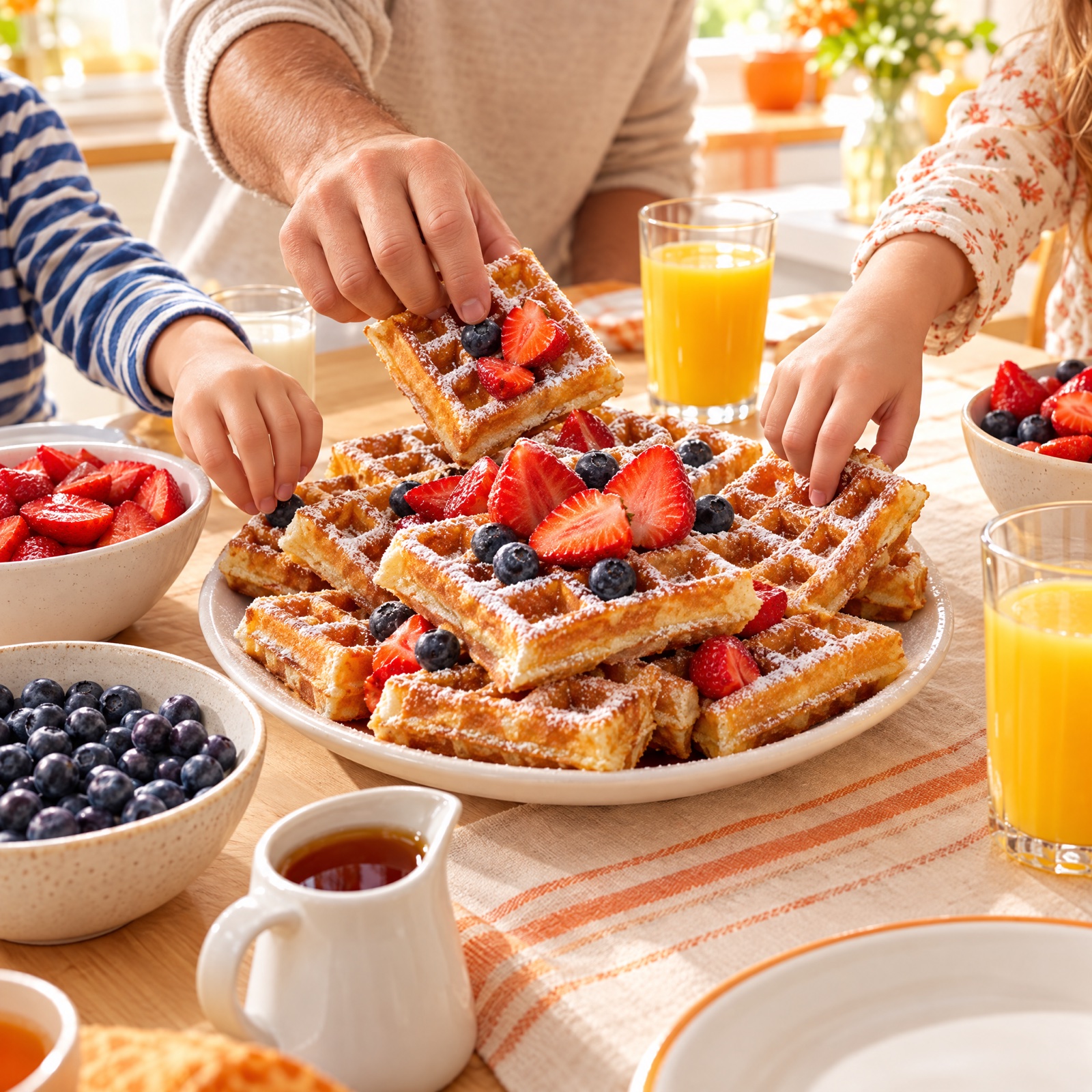 Family sharing a platter of Six Pack waffles at breakfast