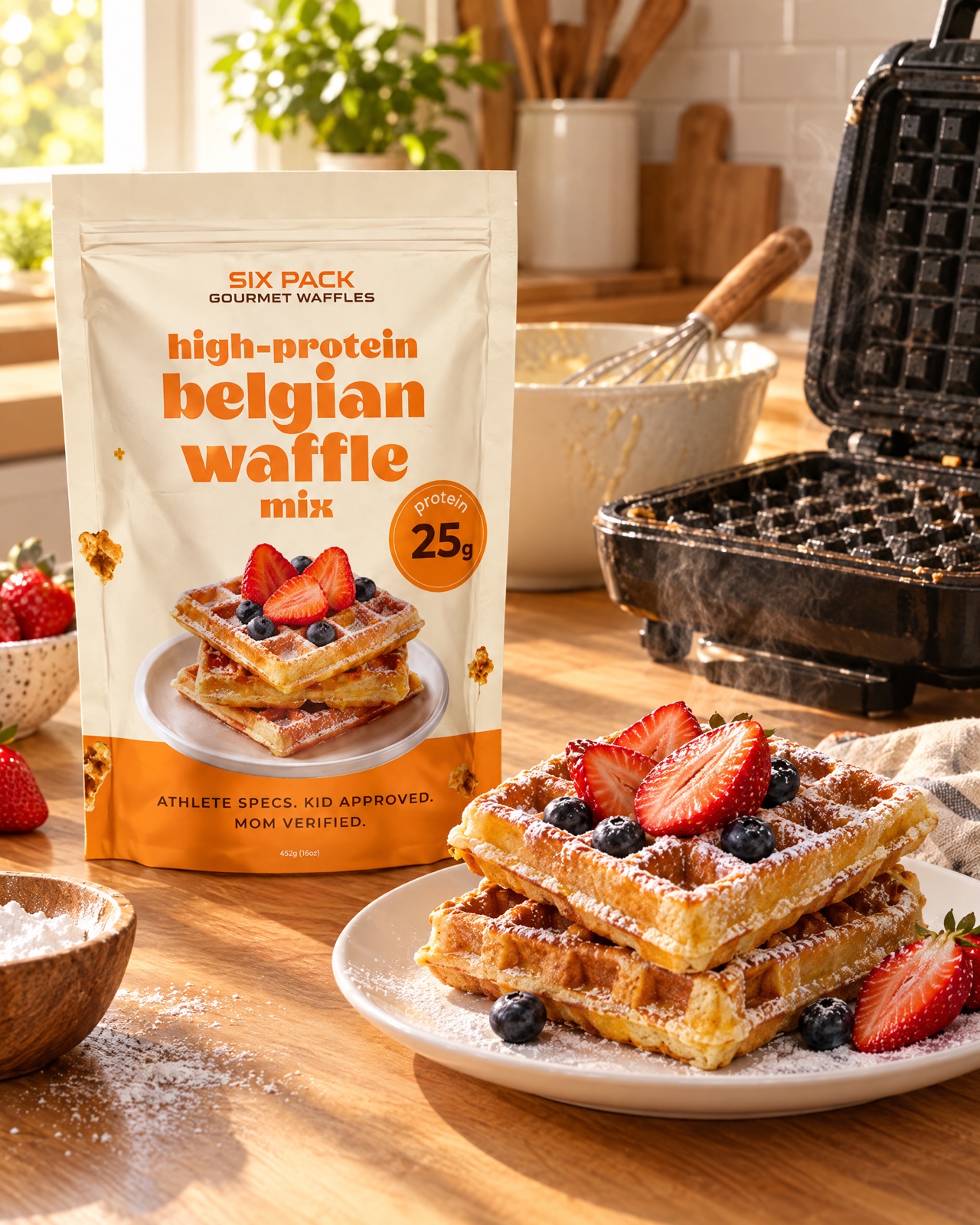 Six Pack Gourmet Waffles mix beside a fresh stack of Belgian waffles