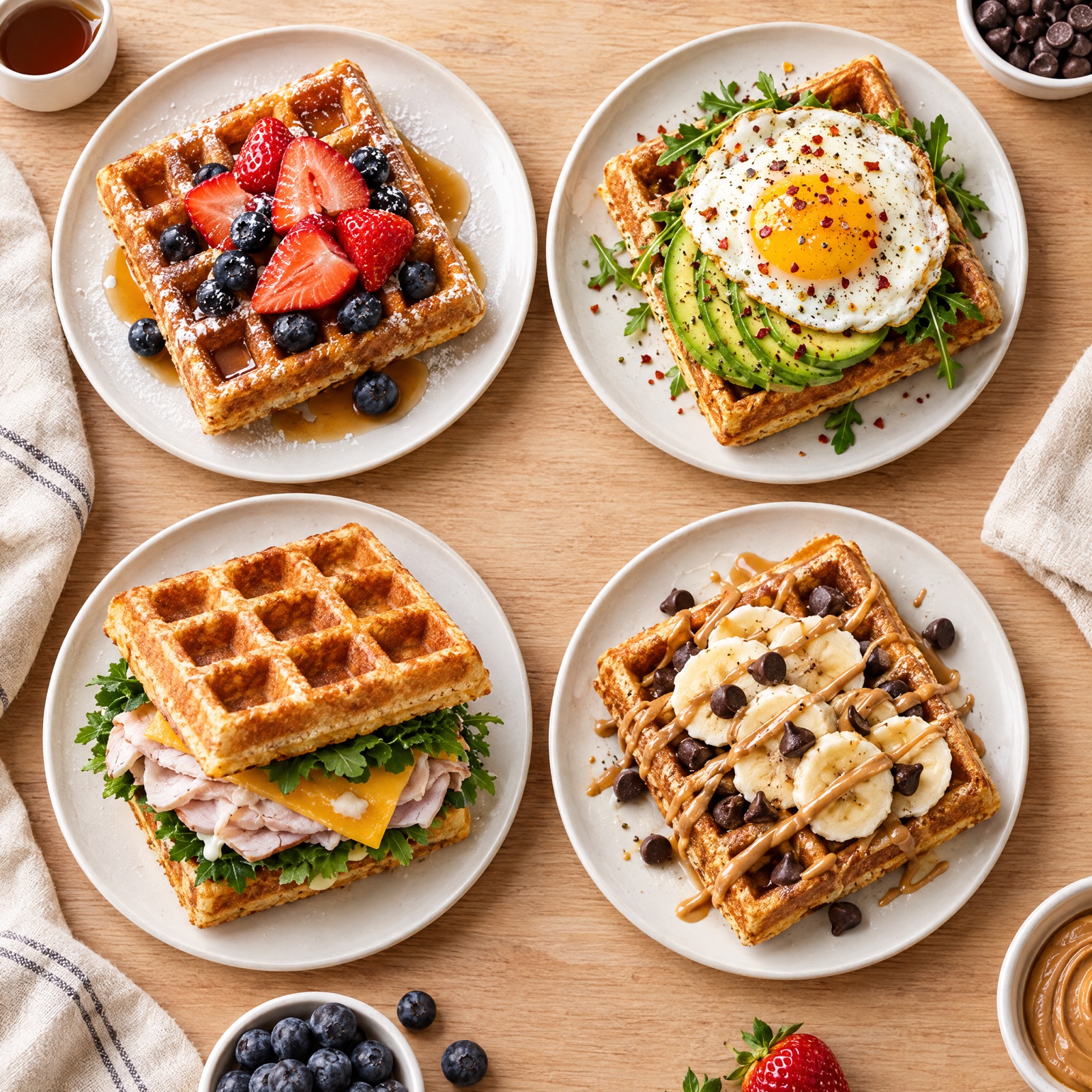 Six Pack waffles served four ways, sweet and savory